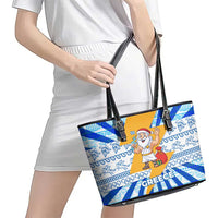 Greece Christmas Leather Tote Bag with Zeus Santa Greek Flag Lightning Bolt Gift Bag and Blue Yellow Pattern Design - Wonder Print Shop