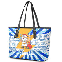 Greece Christmas Leather Tote Bag with Zeus Santa Greek Flag Lightning Bolt Gift Bag and Blue Yellow Pattern Design - Wonder Print Shop