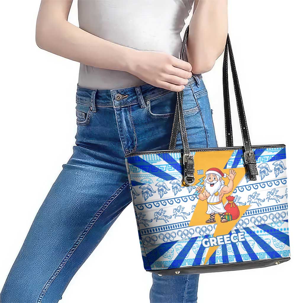 Greece Christmas Leather Tote Bag with Zeus Santa Greek Flag Lightning Bolt Gift Bag and Blue Yellow Pattern Design - Wonder Print Shop