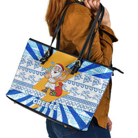 Greece Christmas Leather Tote Bag with Zeus Santa Greek Flag Lightning Bolt Gift Bag and Blue Yellow Pattern Design - Wonder Print Shop