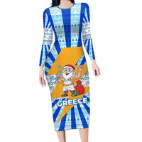 Greece Christmas Long Sleeve Bodycon Dress with Zeus Santa Greek Flag Lightning Bolt Gift Bag and Blue Yellow Pattern Design - Wonder Print Shop