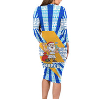 Greece Christmas Long Sleeve Bodycon Dress with Zeus Santa Greek Flag Lightning Bolt Gift Bag and Blue Yellow Pattern Design - Wonder Print Shop
