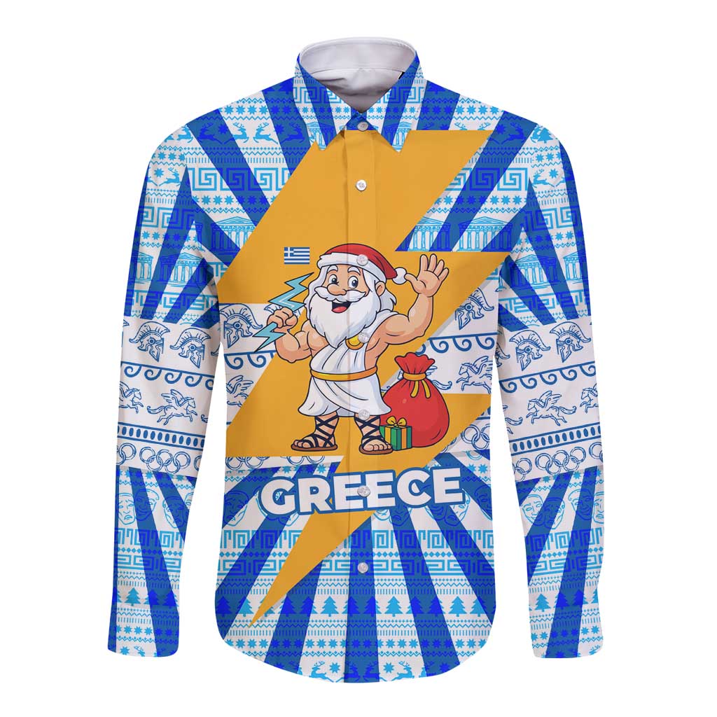 Greece Christmas Long Sleeve Button Shirt with Zeus Santa Greek Flag Lightning Bolt Gift Bag and Blue Yellow Pattern Design - Wonder Print Shop