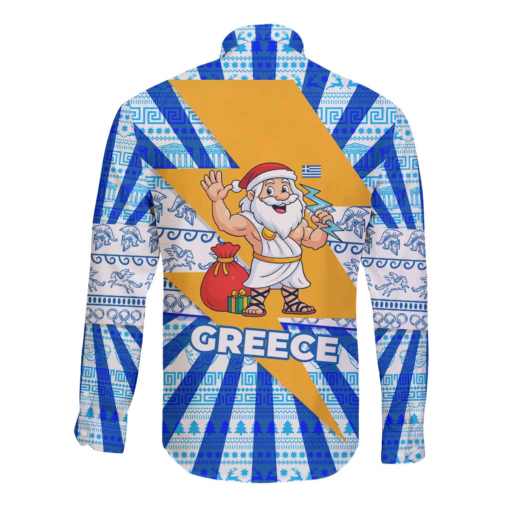 Greece Christmas Long Sleeve Button Shirt with Zeus Santa Greek Flag Lightning Bolt Gift Bag and Blue Yellow Pattern Design - Wonder Print Shop