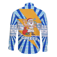 Greece Christmas Long Sleeve Button Shirt with Zeus Santa Greek Flag Lightning Bolt Gift Bag and Blue Yellow Pattern Design - Wonder Print Shop