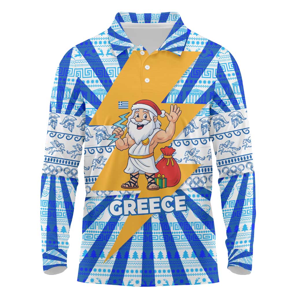 Greece Christmas Long Sleeve Polo Shirt with Zeus Santa Greek Flag Lightning Bolt Gift Bag and Blue Yellow Pattern Design - Wonder Print Shop