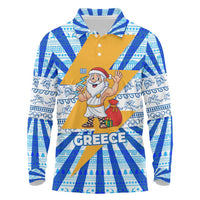 Greece Christmas Long Sleeve Polo Shirt with Zeus Santa Greek Flag Lightning Bolt Gift Bag and Blue Yellow Pattern Design - Wonder Print Shop