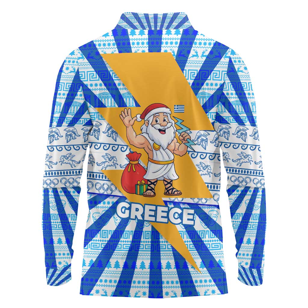 Greece Christmas Long Sleeve Polo Shirt with Zeus Santa Greek Flag Lightning Bolt Gift Bag and Blue Yellow Pattern Design - Wonder Print Shop