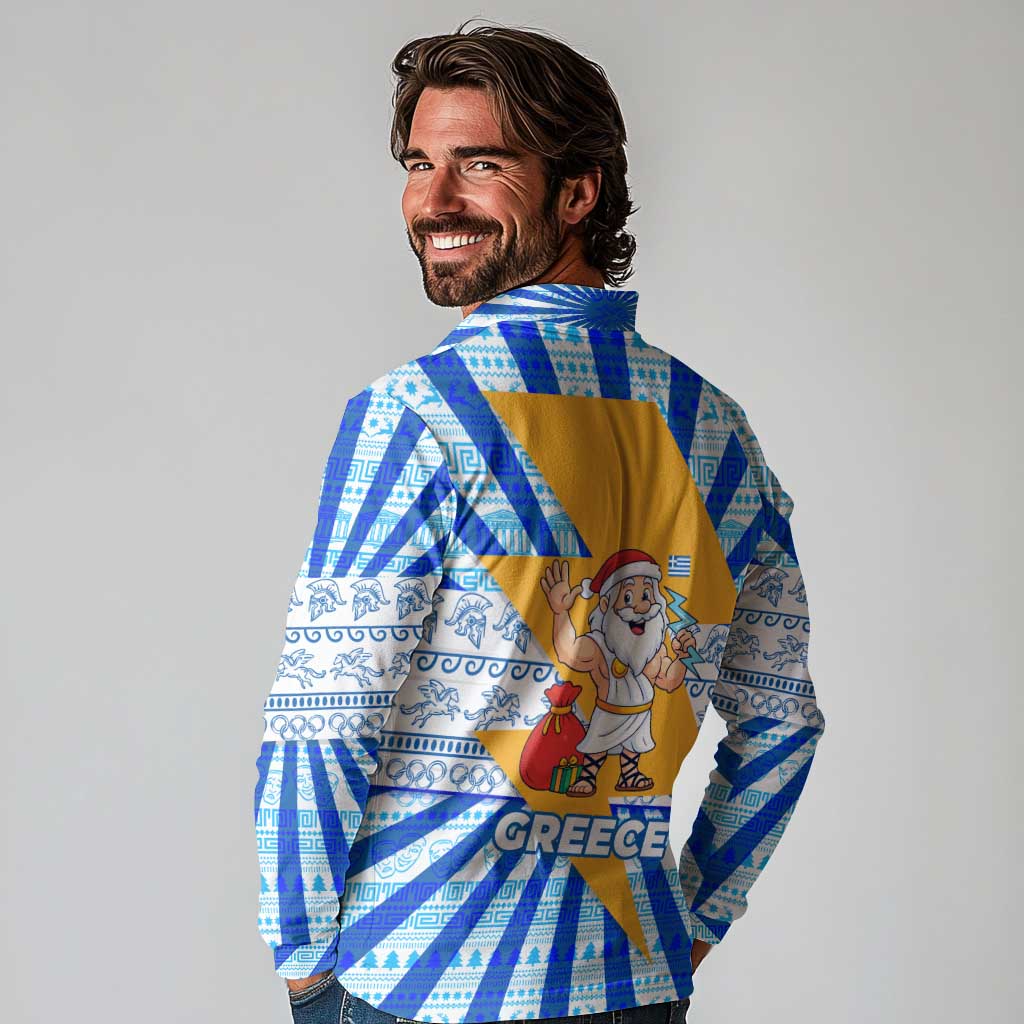 Greece Christmas Long Sleeve Polo Shirt with Zeus Santa Greek Flag Lightning Bolt Gift Bag and Blue Yellow Pattern Design - Wonder Print Shop