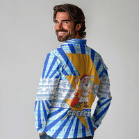 Greece Christmas Long Sleeve Polo Shirt with Zeus Santa Greek Flag Lightning Bolt Gift Bag and Blue Yellow Pattern Design - Wonder Print Shop