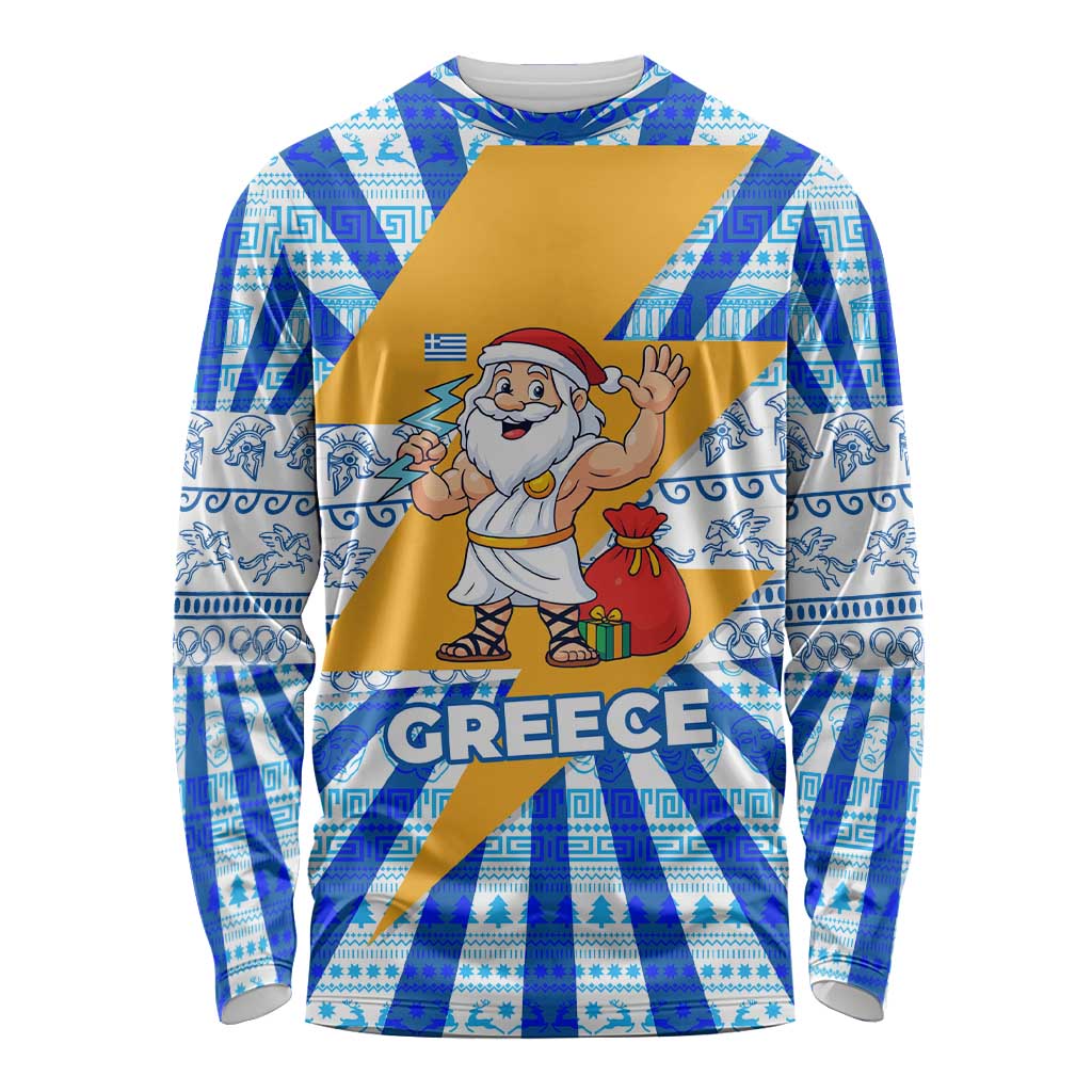 Greece Christmas Long Sleeve Shirt with Zeus Santa Greek Flag Lightning Bolt Gift Bag and Blue Yellow Pattern Design - Wonder Print Shop