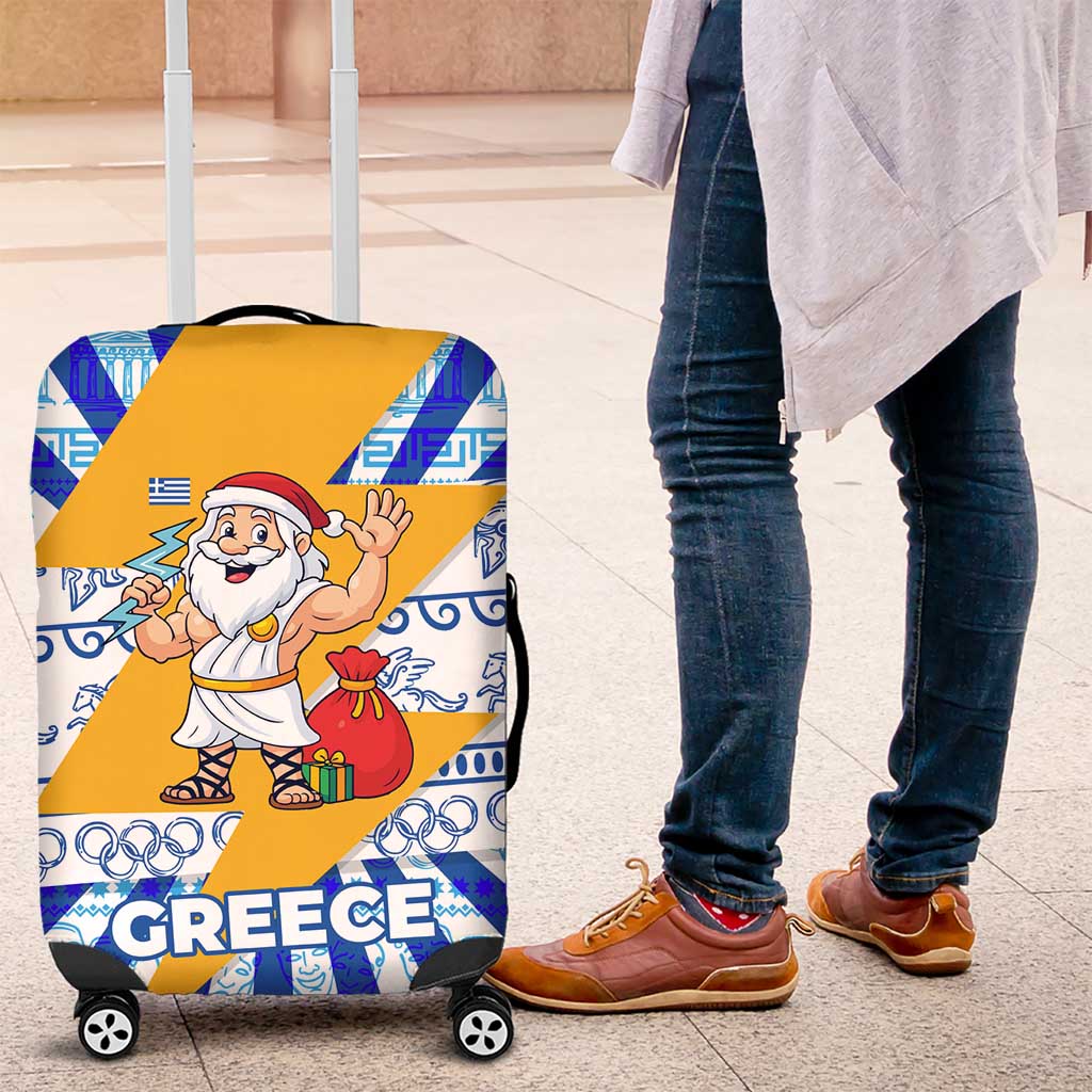 Greece Christmas Luggage Cover with Zeus Santa Greek Flag Lightning Bolt Gift Bag and Blue Yellow Pattern Design - Wonder Print Shop