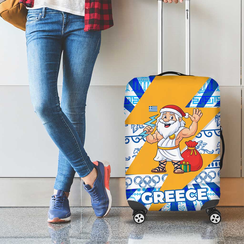 Greece Christmas Luggage Cover with Zeus Santa Greek Flag Lightning Bolt Gift Bag and Blue Yellow Pattern Design - Wonder Print Shop