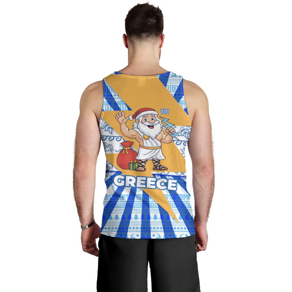 Greece Christmas Men Tank Top with Zeus Santa Greek Flag Lightning Bolt Gift Bag and Blue Yellow Pattern Design - Wonder Print Shop