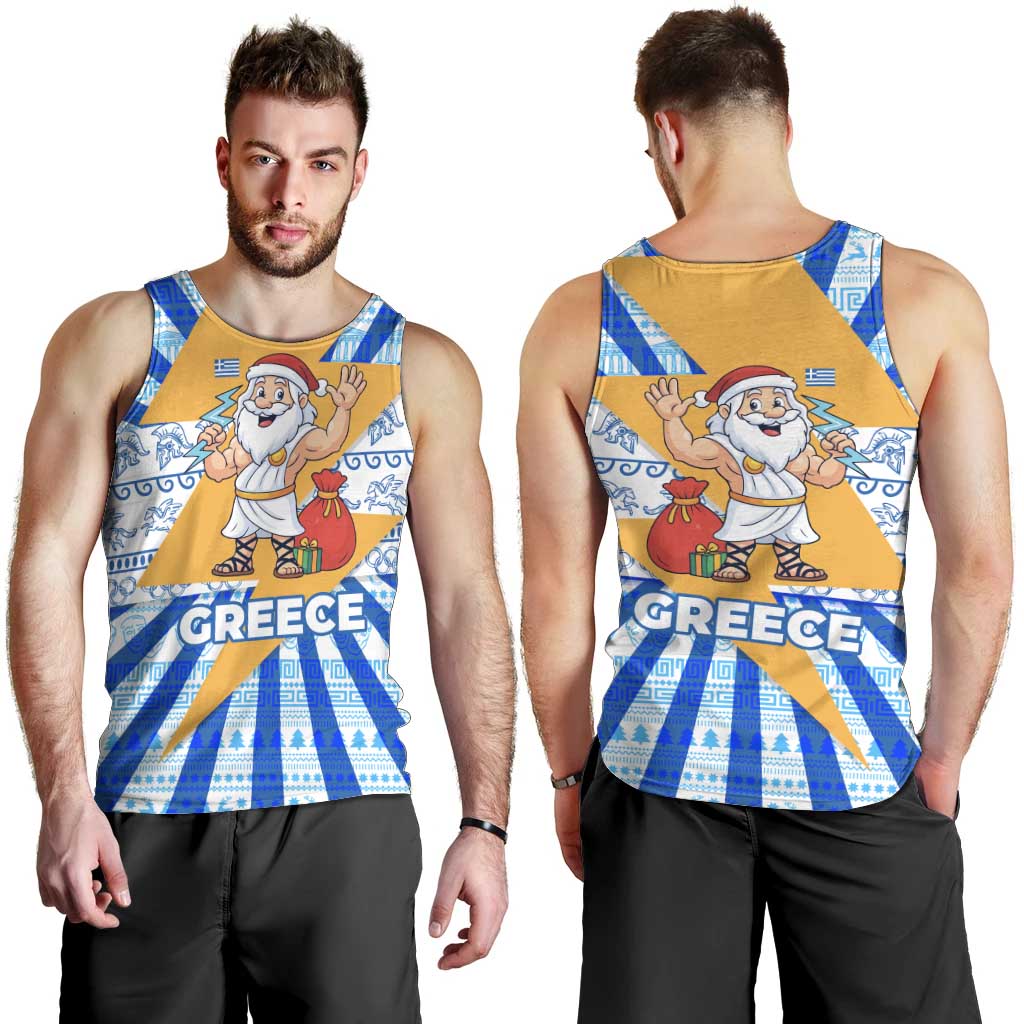 Greece Christmas Men Tank Top with Zeus Santa Greek Flag Lightning Bolt Gift Bag and Blue Yellow Pattern Design - Wonder Print Shop