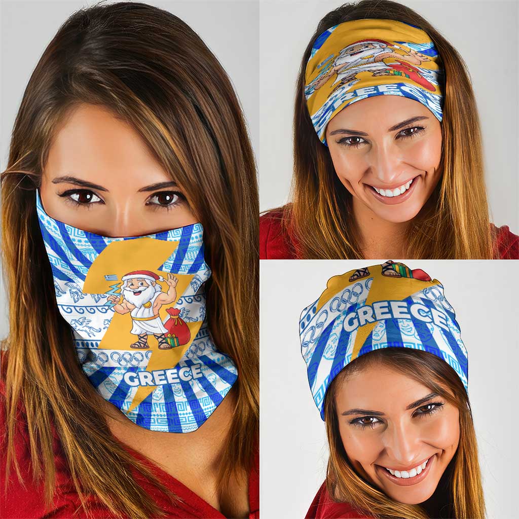 Greece Christmas Neck Gaiter with Zeus Santa Greek Flag Lightning Bolt Gift Bag and Blue Yellow Pattern Design - Wonder Print Shop
