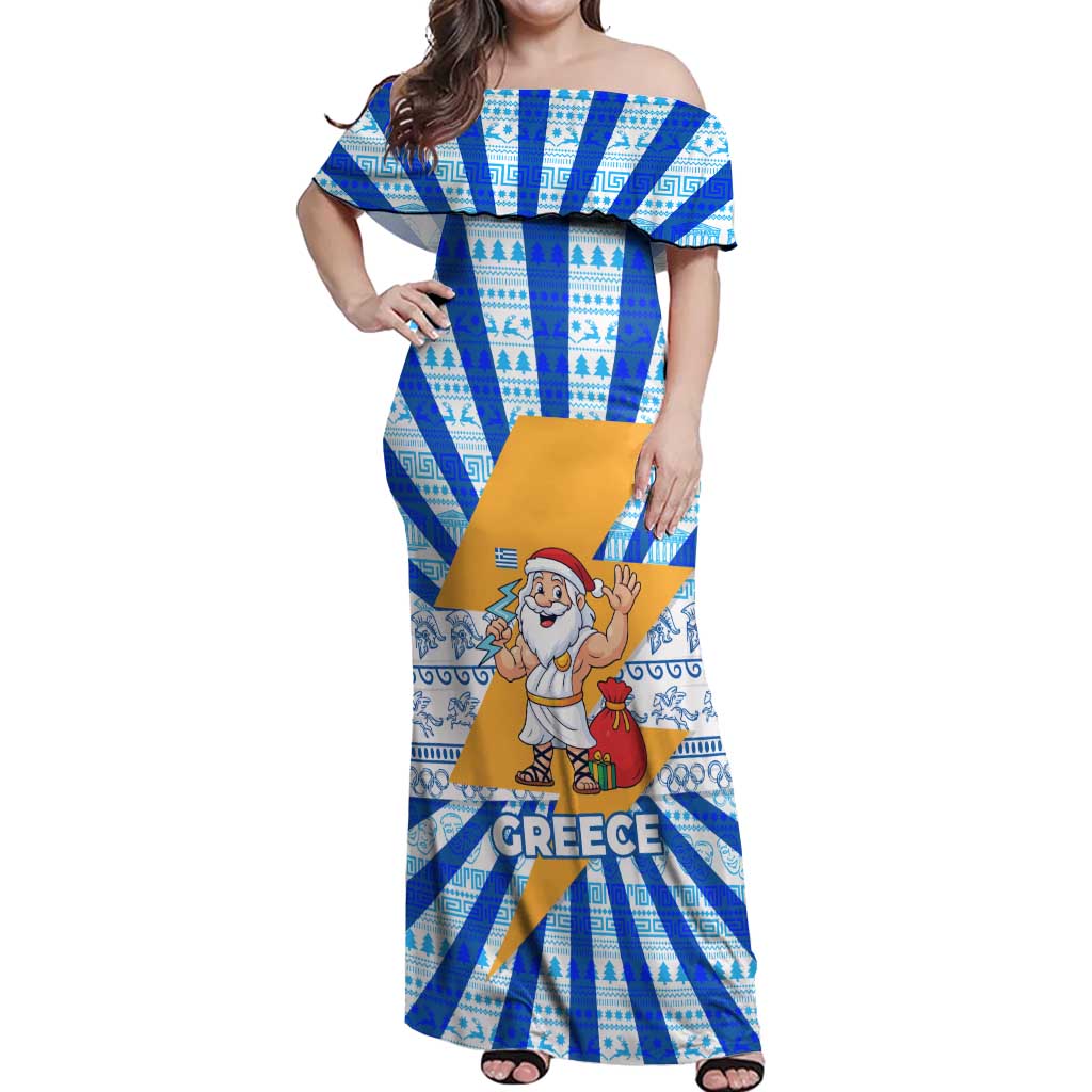 Greece Christmas Off Shoulder Maxi Dress with Zeus Santa Greek Flag Lightning Bolt Gift Bag and Blue Yellow Pattern Design - Wonder Print Shop