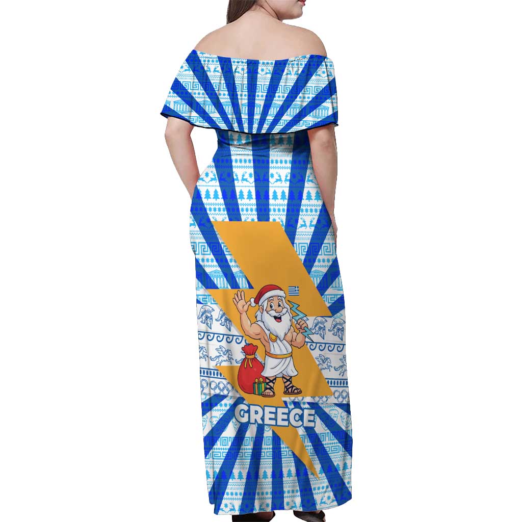 Greece Christmas Off Shoulder Maxi Dress with Zeus Santa Greek Flag Lightning Bolt Gift Bag and Blue Yellow Pattern Design - Wonder Print Shop