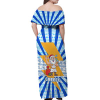 Greece Christmas Off Shoulder Maxi Dress with Zeus Santa Greek Flag Lightning Bolt Gift Bag and Blue Yellow Pattern Design - Wonder Print Shop