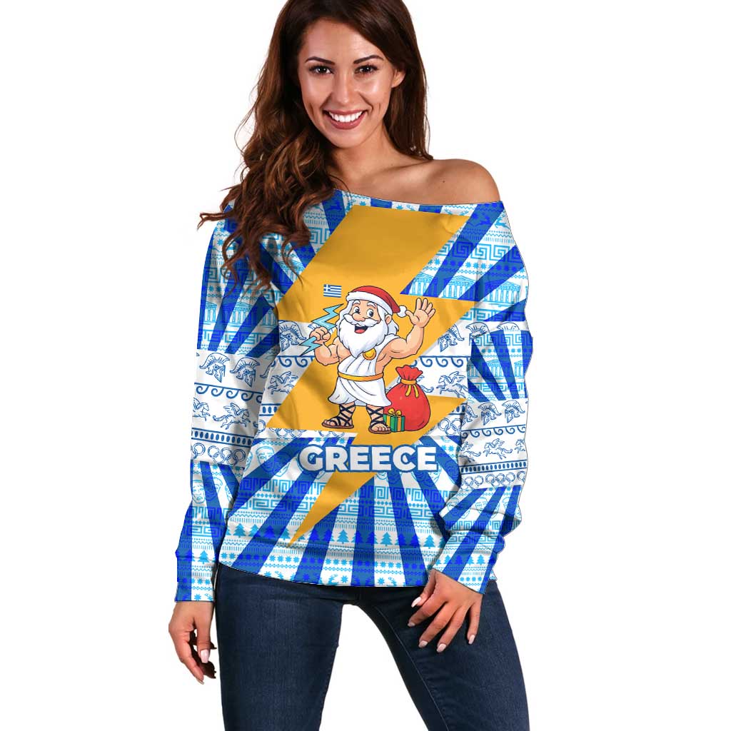 Greece Christmas Off Shoulder Sweater with Zeus Santa Greek Flag Lightning Bolt Gift Bag and Blue Yellow Pattern Design - Wonder Print Shop