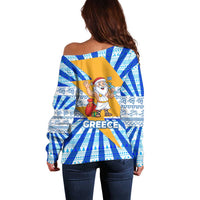 Greece Christmas Off Shoulder Sweater with Zeus Santa Greek Flag Lightning Bolt Gift Bag and Blue Yellow Pattern Design - Wonder Print Shop