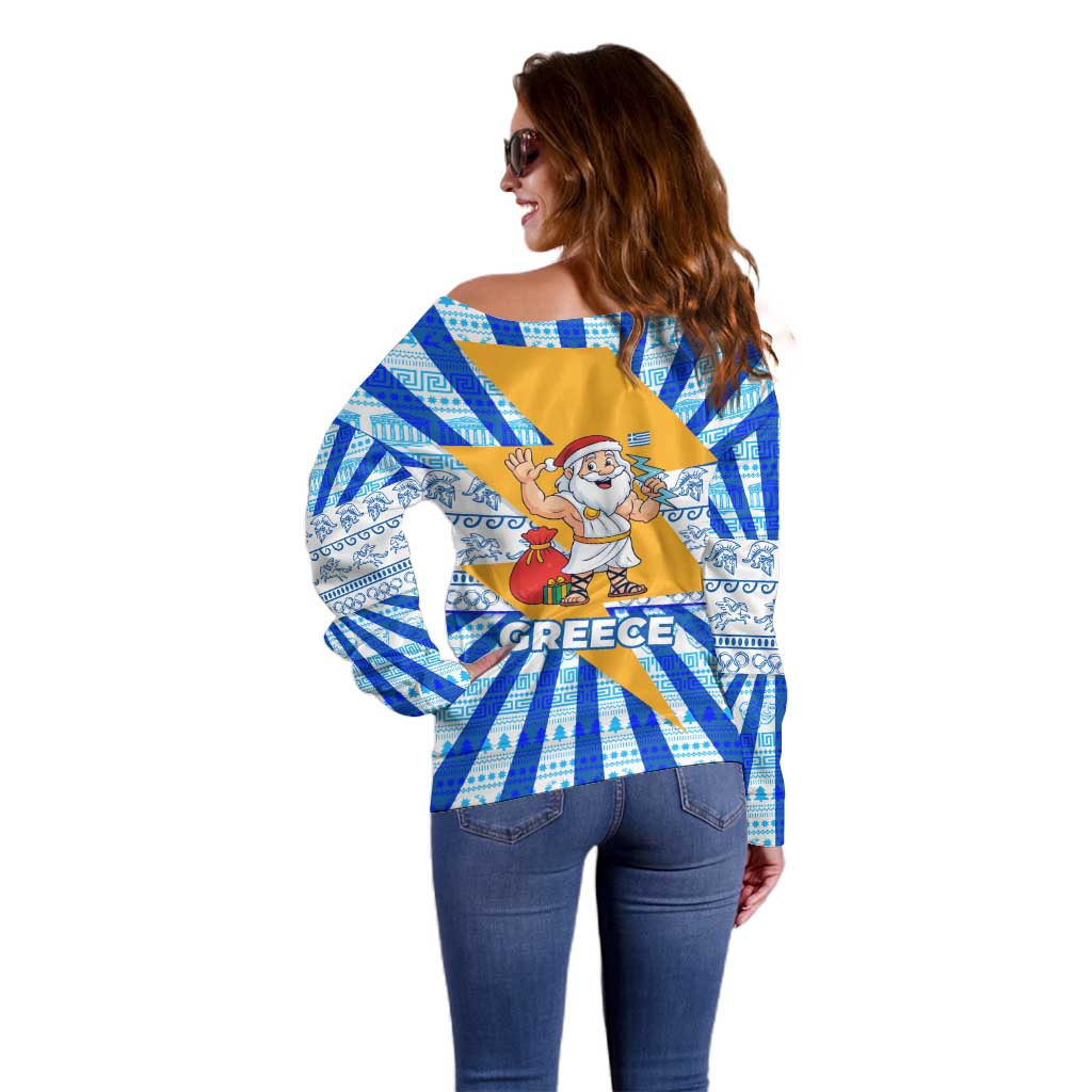 Greece Christmas Off Shoulder Sweater with Zeus Santa Greek Flag Lightning Bolt Gift Bag and Blue Yellow Pattern Design - Wonder Print Shop