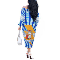 Greece Christmas Off The Shoulder Long Sleeve Dress with Zeus Santa Greek Flag Lightning Bolt Gift Bag and Blue Yellow Pattern Design - Wonder Print Shop