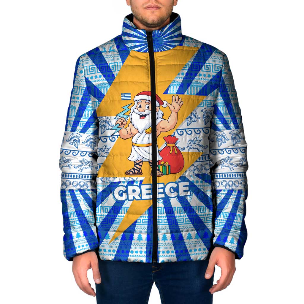 Greece Christmas Padded Jacket with Zeus Santa Greek Flag Lightning Bolt Gift Bag and Blue Yellow Pattern Design - Wonder Print Shop