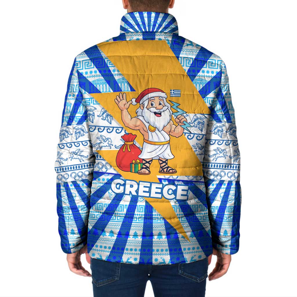 Greece Christmas Padded Jacket with Zeus Santa Greek Flag Lightning Bolt Gift Bag and Blue Yellow Pattern Design - Wonder Print Shop