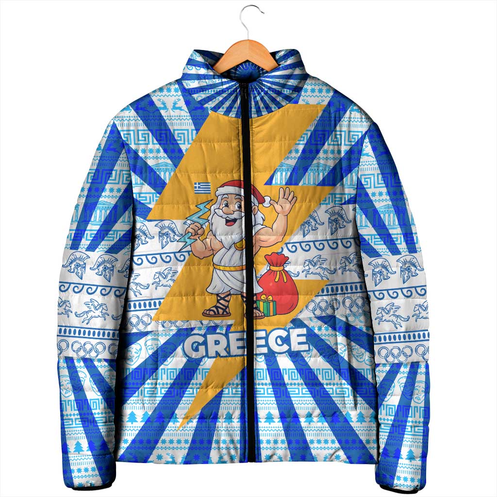 Greece Christmas Padded Jacket with Zeus Santa Greek Flag Lightning Bolt Gift Bag and Blue Yellow Pattern Design - Wonder Print Shop