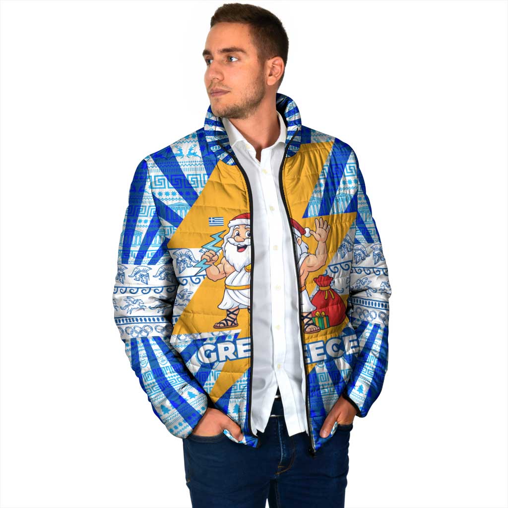 Greece Christmas Padded Jacket with Zeus Santa Greek Flag Lightning Bolt Gift Bag and Blue Yellow Pattern Design - Wonder Print Shop