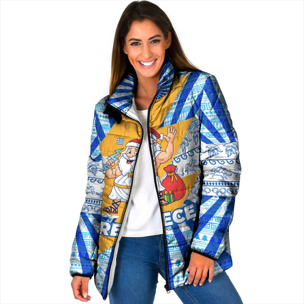 Greece Christmas Padded Jacket with Zeus Santa Greek Flag Lightning Bolt Gift Bag and Blue Yellow Pattern Design - Wonder Print Shop