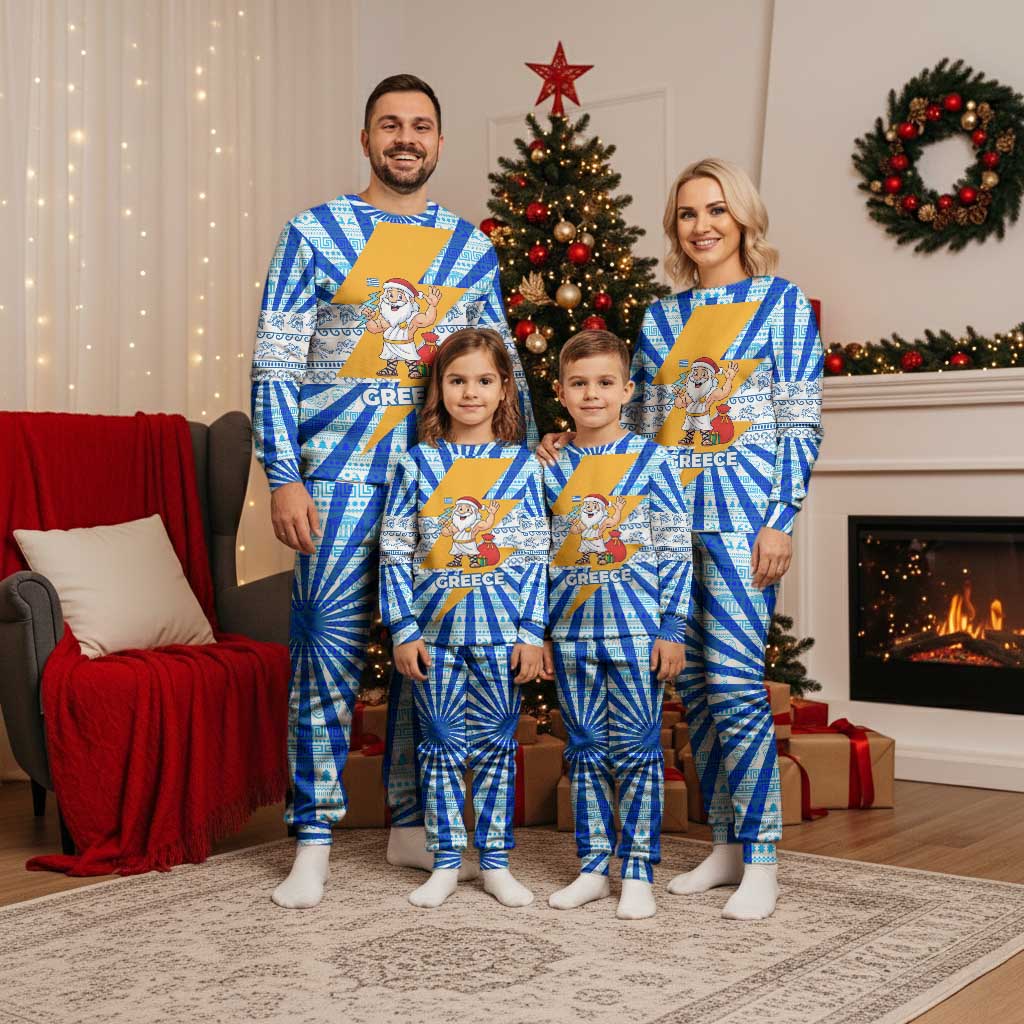 Greece Christmas Pajama Set with Zeus Santa Greek Flag Lightning Bolt Gift Bag and Blue Yellow Pattern Design - Wonder Print Shop