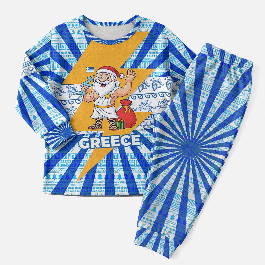 Greece Christmas Pajama Set with Zeus Santa Greek Flag Lightning Bolt Gift Bag and Blue Yellow Pattern Design - Wonder Print Shop