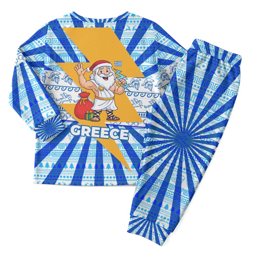 Greece Christmas Pajama Set with Zeus Santa Greek Flag Lightning Bolt Gift Bag and Blue Yellow Pattern Design - Wonder Print Shop