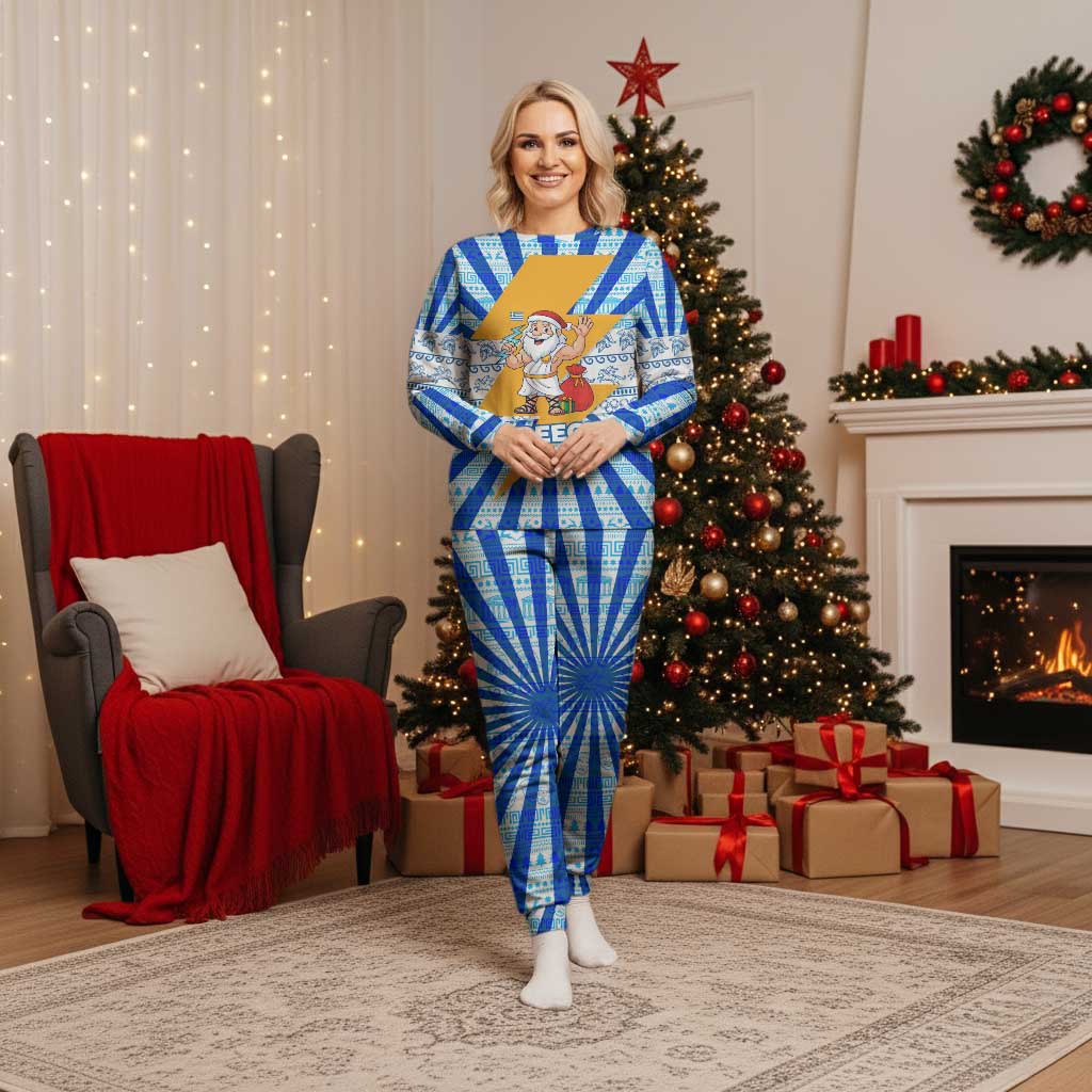 Greece Christmas Pajama Set with Zeus Santa Greek Flag Lightning Bolt Gift Bag and Blue Yellow Pattern Design - Wonder Print Shop