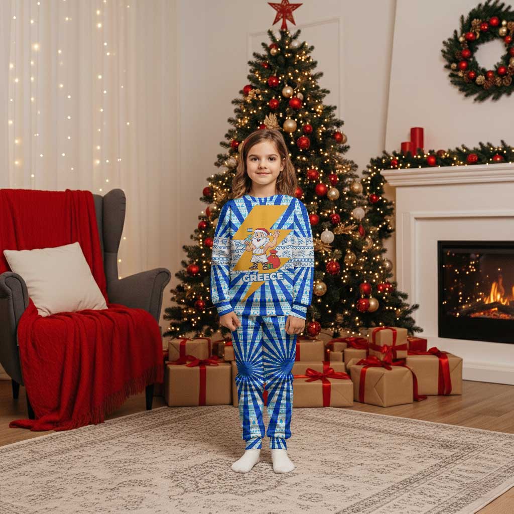 Greece Christmas Pajama Set with Zeus Santa Greek Flag Lightning Bolt Gift Bag and Blue Yellow Pattern Design - Wonder Print Shop