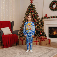Greece Christmas Pajama Set with Zeus Santa Greek Flag Lightning Bolt Gift Bag and Blue Yellow Pattern Design - Wonder Print Shop