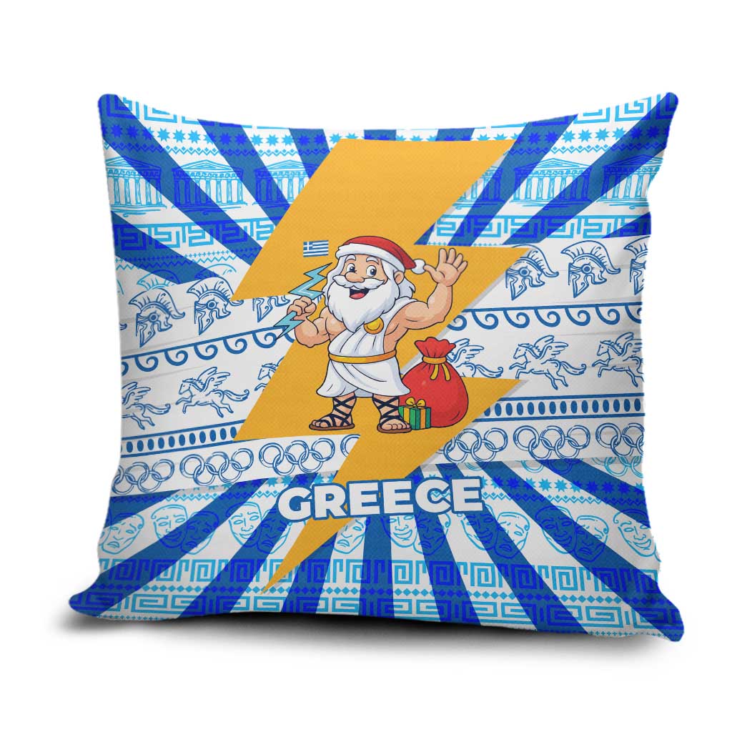 Greece Christmas Pillow Cover with Zeus Santa Greek Flag Lightning Bolt Gift Bag and Blue Yellow Pattern Design - Wonder Print Shop