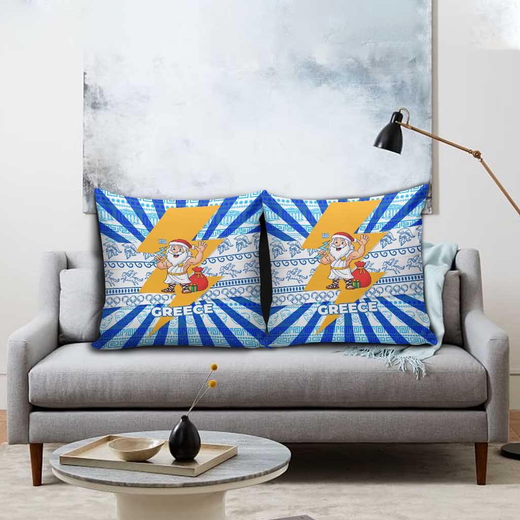 Greece Christmas Pillow Cover with Zeus Santa Greek Flag Lightning Bolt Gift Bag and Blue Yellow Pattern Design - Wonder Print Shop
