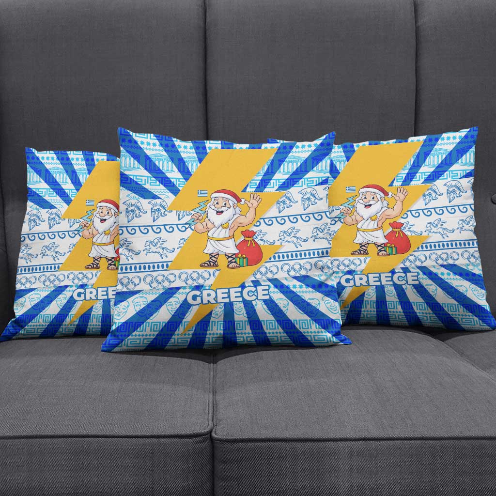 Greece Christmas Pillow Cover with Zeus Santa Greek Flag Lightning Bolt Gift Bag and Blue Yellow Pattern Design - Wonder Print Shop