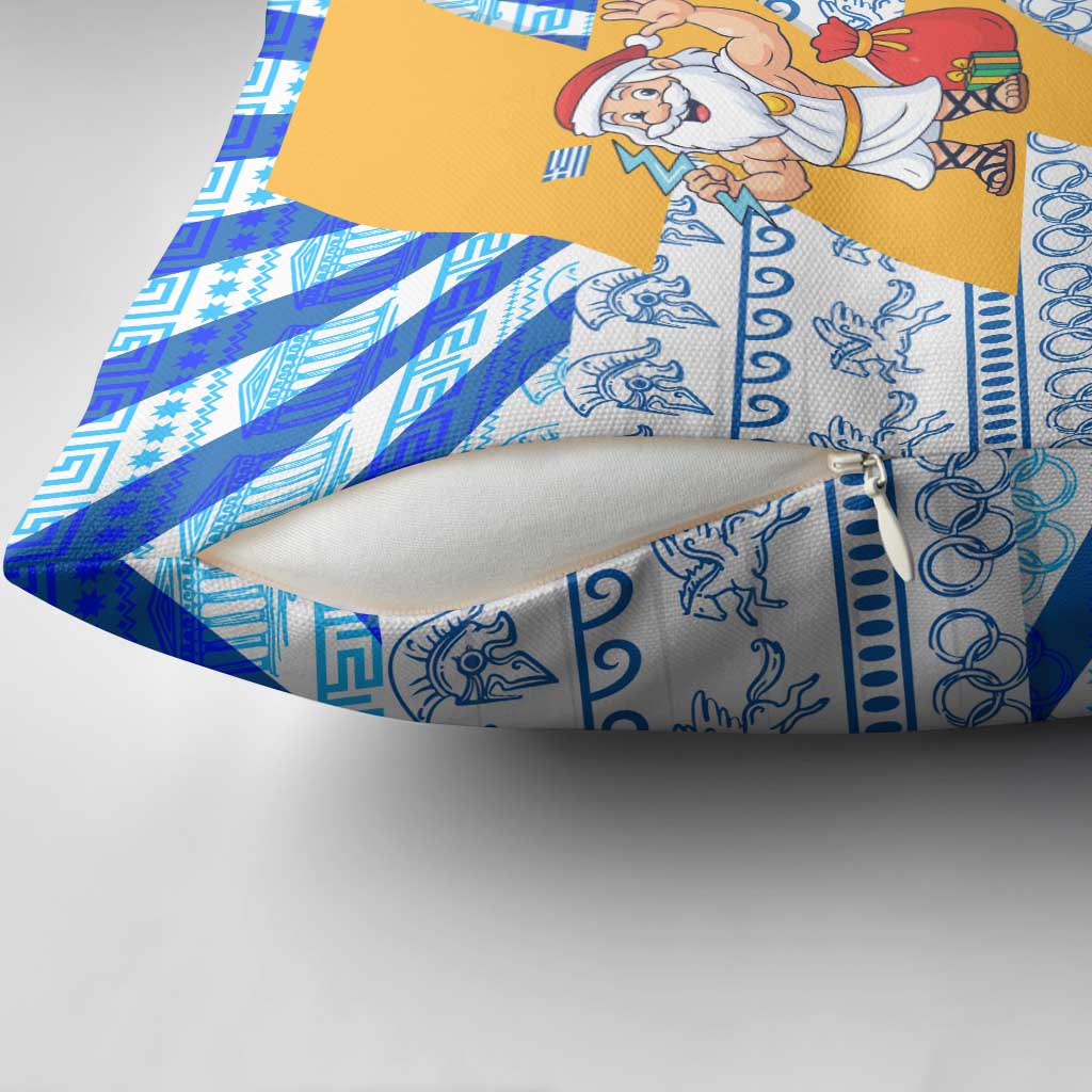 Greece Christmas Pillow Cover with Zeus Santa Greek Flag Lightning Bolt Gift Bag and Blue Yellow Pattern Design - Wonder Print Shop