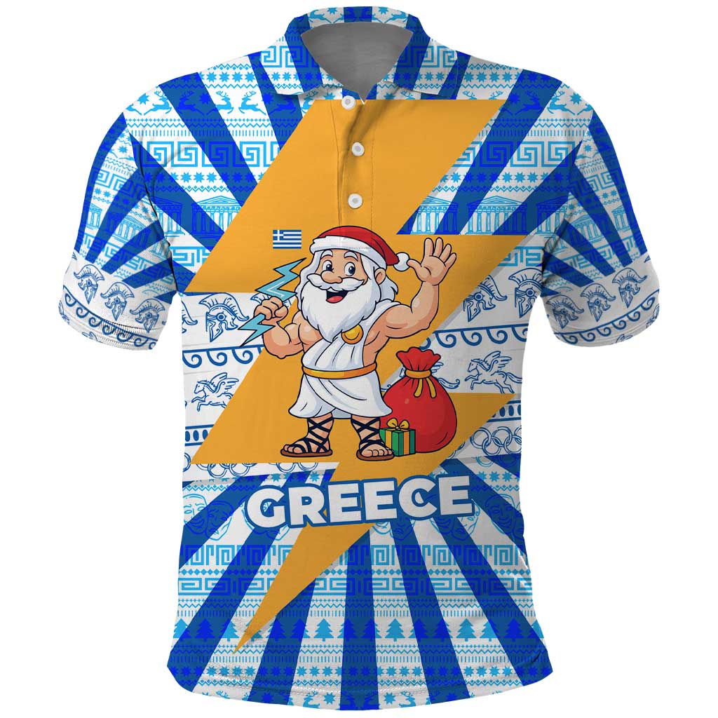 Greece Christmas Polo Shirt with Zeus Santa Greek Flag Lightning Bolt Gift Bag and Blue Yellow Pattern Design - Wonder Print Shop