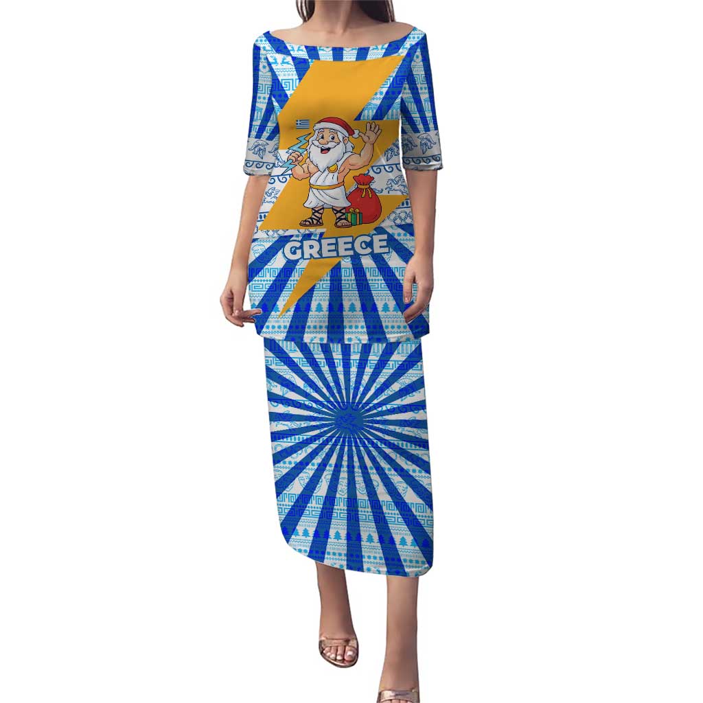 Greece Christmas Puletasi with Zeus Santa Greek Flag Lightning Bolt Gift Bag and Blue Yellow Pattern Design - Wonder Print Shop