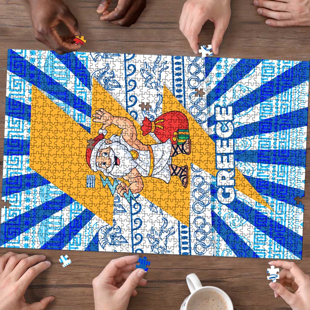 Greece Christmas Puzzle with Zeus Santa Greek Flag Lightning Bolt Gift Bag and Blue Yellow Pattern Design - Wonder Print Shop