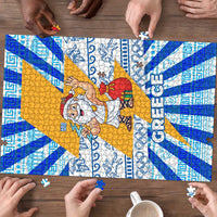 Greece Christmas Puzzle with Zeus Santa Greek Flag Lightning Bolt Gift Bag and Blue Yellow Pattern Design - Wonder Print Shop