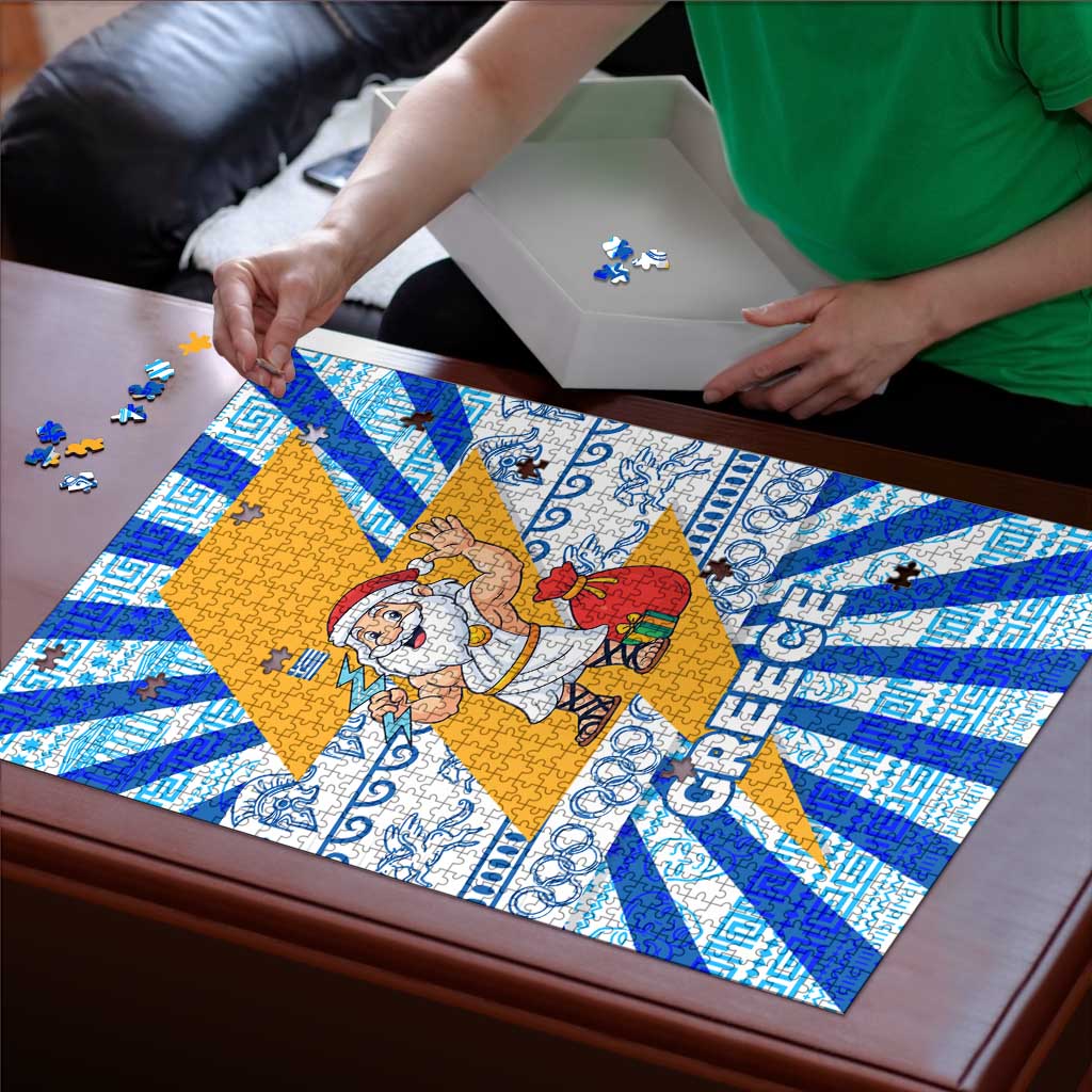 Greece Christmas Puzzle with Zeus Santa Greek Flag Lightning Bolt Gift Bag and Blue Yellow Pattern Design - Wonder Print Shop