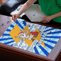 Greece Christmas Puzzle with Zeus Santa Greek Flag Lightning Bolt Gift Bag and Blue Yellow Pattern Design - Wonder Print Shop