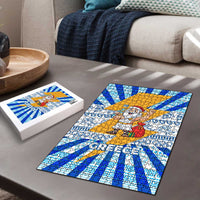 Greece Christmas Puzzle with Zeus Santa Greek Flag Lightning Bolt Gift Bag and Blue Yellow Pattern Design - Wonder Print Shop