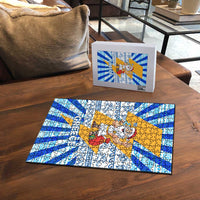 Greece Christmas Puzzle with Zeus Santa Greek Flag Lightning Bolt Gift Bag and Blue Yellow Pattern Design - Wonder Print Shop